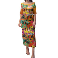 Hawaiian Honolulu Festival Family Matching Puletasi and Hawaiian Shirt Hawaiian Identity - Hula Dancer and Ukulele Tropical Plants Style LT03 Mom's Dress Orange - Polynesian Pride