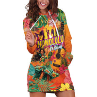 Hawaiian Honolulu Festival Hoodie Dress Hawaiian Identity - Hula Dancer and Ukulele Tropical Plants Style LT03 Orange - Polynesian Pride