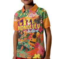 Hawaiian Honolulu Festival Kid Polo Shirt Hawaiian Identity - Hula Dancer and Ukulele Tropical Plants Style LT03 Kid Orange - Polynesian Pride