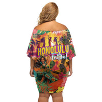 Hawaiian Honolulu Festival Off Shoulder Short Dress Hawaiian Identity - Hula Dancer and Ukulele Tropical Plants Style LT03 - Polynesian Pride