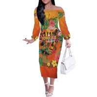 Hawaiian Honolulu Festival Off The Shoulder Long Sleeve Dress Hawaiian Identity - Hula Dancer and Ukulele Tropical Plants Style LT03 Women Orange - Polynesian Pride