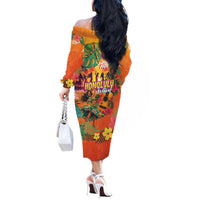 Hawaiian Honolulu Festival Off The Shoulder Long Sleeve Dress Hawaiian Identity - Hula Dancer and Ukulele Tropical Plants Style LT03 - Polynesian Pride