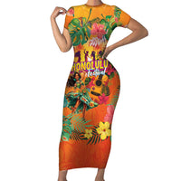 Hawaiian Honolulu Festival Short Sleeve Bodycon Dress Hawaiian Identity - Hula Dancer and Ukulele Tropical Plants Style LT03 Long Dress Orange - Polynesian Pride
