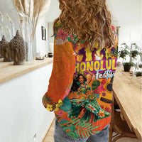 Hawaiian Honolulu Festival Women Casual Shirt Hawaiian Identity - Hula Dancer and Ukulele Tropical Plants Style LT03 - Polynesian Pride
