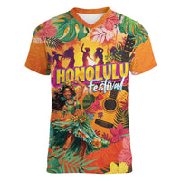 Hawaiian Honolulu Festival Women V-Neck T-Shirt Hawaiian Identity - Hula Dancer and Ukulele Tropical Plants Style LT03 Female Orange - Polynesian Pride