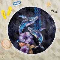 Hawaiian Whales Love Couple Beach Blanket Hibiscus and Kakau Art Tattoo Night Sky Vibe LT03 One Size 150cm Navy - Polynesian Pride