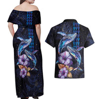 Hawaiian Whales Love Couple Couples Matching Off Shoulder Maxi Dress and Hawaiian Shirt Hibiscus and Kakau Art Tattoo Night Sky Vibe