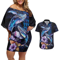 Hawaiian Whales Love Couple Couples Matching Off Shoulder Short Dress and Hawaiian Shirt Hibiscus and Kakau Art Tattoo Night Sky Vibe