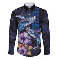 Hawaiian Whales Love Couple Family Matching Mermaid Dress and Hawaiian Shirt Hibiscus and Kakau Art Tattoo Night Sky Vibe LT03 Dad's Shirt - Long Sleeve Navy - Polynesian Pride