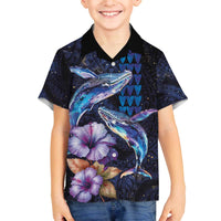 Hawaiian Whales Love Couple Family Matching Off The Shoulder Long Sleeve Dress and Hawaiian Shirt Hibiscus and Kakau Art Tattoo Night Sky Vibe