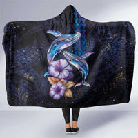 Hawaiian Whales Love Couple Hooded Blanket Hibiscus and Kakau Art Tattoo Night Sky Vibe LT03 One Size Navy - Polynesian Pride