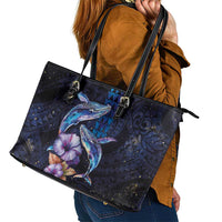 Hawaiian Whales Love Couple Leather Tote Bag Hibiscus and Kakau Art Tattoo Night Sky Vibe LT03 - Polynesian Pride