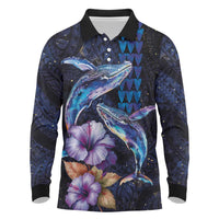 Hawaiian Whales Love Couple Long Sleeve Polo Shirt Hibiscus and Kakau Art Tattoo Night Sky Vibe LT03 Navy - Polynesian Pride
