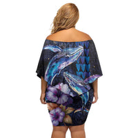 Hawaiian Whales Love Couple Off Shoulder Short Dress Hibiscus and Kakau Art Tattoo Night Sky Vibe LT03 - Polynesian Pride