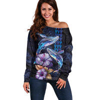 Hawaiian Whales Love Couple Off Shoulder Sweater Hibiscus and Kakau Art Tattoo Night Sky Vibe LT03 Women Navy - Polynesian Pride