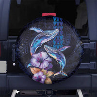 Hawaiian Whales Love Couple Spare Tire Cover Hibiscus and Kakau Art Tattoo Night Sky Vibe LT03 No hole Navy - Polynesian Pride