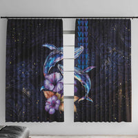 Hawaiian Whales Love Couple Window Curtain Hibiscus and Kakau Art Tattoo Night Sky Vibe LT03 With Hooks Navy - Polynesian Pride