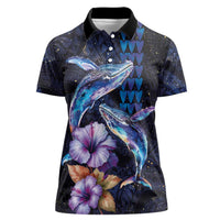 Hawaiian Whales Love Couple Women Polo Shirt Hibiscus and Kakau Art Tattoo Night Sky Vibe LT03 Female Navy - Polynesian Pride
