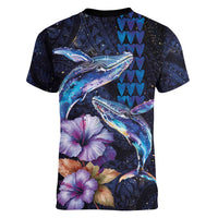 Hawaiian Whales Love Couple Women V-Neck T-Shirt Hibiscus and Kakau Art Tattoo Night Sky Vibe LT03 - Polynesian Pride
