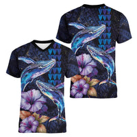 Hawaiian Whales Love Couple Women V-Neck T-Shirt Hibiscus and Kakau Art Tattoo Night Sky Vibe LT03 - Polynesian Pride