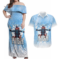 New Zealand Sky Diving Couples Matching Off Shoulder Maxi Dress and Hawaiian Shirt Lets Get High LT05 Blue - Polynesian Pride
