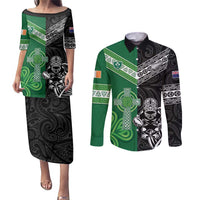 New Zealand And Ireland Rugby Custom Couples Matching Puletasi and Long Sleeve Button Shirt Maori Tiki With Shamrock LT05 Black - Polynesian Pride