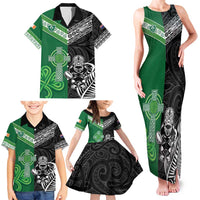 New Zealand And Ireland Rugby Custom Family Matching Tank Maxi Dress and Hawaiian Shirt Maori Tiki With Shamrock
