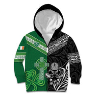 New Zealand And Ireland Rugby Custom Kid Hoodie Maori Tiki With Shamrock LT05 Zip Hoodie Black - Polynesian Pride