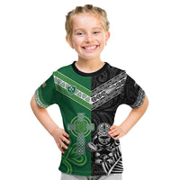 New Zealand And Ireland Rugby Custom Kid T Shirt Maori Tiki With Shamrock LT05 Black - Polynesian Pride