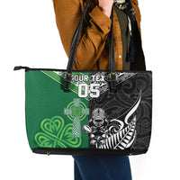 New Zealand And Ireland Rugby Custom Leather Tote Bag Maori Tiki With Shamrock