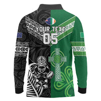 New Zealand And Ireland Rugby Custom Long Sleeve Polo Shirt Maori Tiki With Shamrock LT05 - Polynesian Pride
