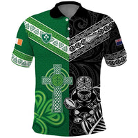 New Zealand And Ireland Rugby Custom Polo Shirt Maori Tiki With Shamrock LT05 Black - Polynesian Pride