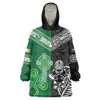 New Zealand And Ireland Rugby Custom Wearable Blanket Hoodie Maori Tiki With Shamrock LT05 One Size Black - Polynesian Pride