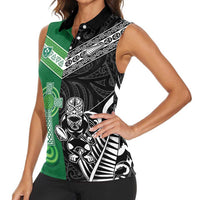 New Zealand And Ireland Rugby Custom Women Sleeveless Polo Shirt Maori Tiki With Shamrock LT05 - Polynesian Pride