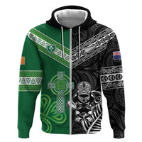 New Zealand And Ireland Rugby Custom Zip Hoodie Maori Tiki With Shamrock LT05 Zip Hoodie Black - Polynesian Pride