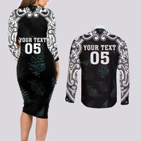 Custom New Zealand Fern Women Rugby Couples Matching Long Sleeve Bodycon Dress and Long Sleeve Button Shirt Maori Pattern LT05 - Polynesian Pride
