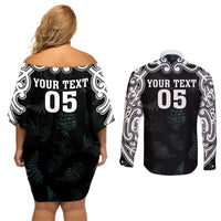 Custom New Zealand Fern Women Rugby Couples Matching Off Shoulder Short Dress and Long Sleeve Button Shirt Maori Pattern LT05 - Polynesian Pride