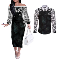 Custom New Zealand Fern Women Rugby Couples Matching Off The Shoulder Long Sleeve Dress and Long Sleeve Button Shirt Maori Pattern LT05 Black - Polynesian Pride