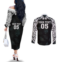 Custom New Zealand Fern Women Rugby Couples Matching Off The Shoulder Long Sleeve Dress and Long Sleeve Button Shirt Maori Pattern LT05 - Polynesian Pride