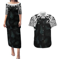 Custom New Zealand Fern Women Rugby Couples Matching Puletasi and Hawaiian Shirt Maori Pattern LT05 Black - Polynesian Pride