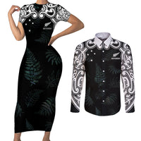 Custom New Zealand Fern Women Rugby Couples Matching Short Sleeve Bodycon Dress and Long Sleeve Button Shirt Maori Pattern LT05 Black - Polynesian Pride
