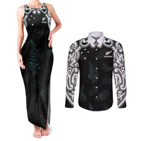 Custom New Zealand Fern Women Rugby Couples Matching Tank Maxi Dress and Long Sleeve Button Shirt Maori Pattern LT05 Black - Polynesian Pride