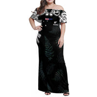 Custom New Zealand Fern Women Rugby Family Matching Off Shoulder Maxi Dress and Hawaiian Shirt Maori Pattern LT05 Mom's Dress Black - Polynesian Pride