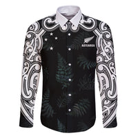 Custom New Zealand Fern Women Rugby Family Matching Off Shoulder Short Dress and Hawaiian Shirt Maori Pattern LT05 Dad's Shirt - Long Sleeve Black - Polynesian Pride