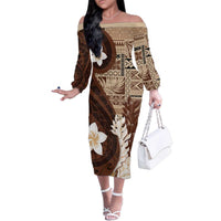 Samoa Teuila 2024 Family Matching Off The Shoulder Long Sleeve Dress and Hawaiian Shirt Samoan Siapo Pattern Brown Version LT05 Mom's Dress Brown - Polynesian Pride