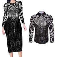 New Zealand Aotearoa Couples Matching Long Sleeve Bodycon Dress and Long Sleeve Button Shirt Maori Manta Ray Moko Black LT05 Black - Polynesian Pride