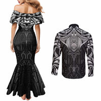 New Zealand Aotearoa Couples Matching Mermaid Dress and Long Sleeve Button Shirt Maori Manta Ray Moko Black LT05 - Polynesian Pride