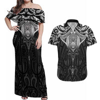 New Zealand Aotearoa Couples Matching Off Shoulder Maxi Dress and Hawaiian Shirt Maori Manta Ray Moko Black LT05 Black - Polynesian Pride