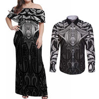 New Zealand Aotearoa Couples Matching Off Shoulder Maxi Dress and Long Sleeve Button Shirt Maori Manta Ray Moko Black LT05 Black - Polynesian Pride