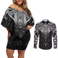 New Zealand Aotearoa Couples Matching Off Shoulder Short Dress and Long Sleeve Button Shirt Maori Manta Ray Moko Black LT05 Black - Polynesian Pride